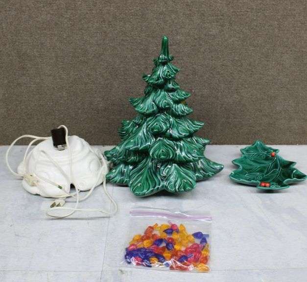 Ceramic Lighted Christmas Tree with Base, Bulbs, and Tray