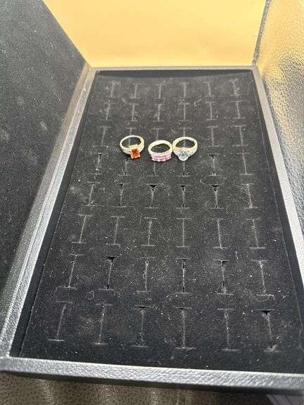 Set of Three Gemstone Rings – Blue, Orange, and Pink Stones in Silver-Tone Settings