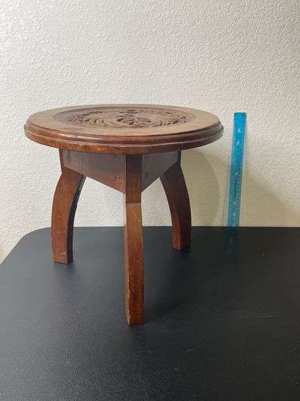 Primitive Folk Art Hand-Carved Wooden Stool – Bird & Foliage Design