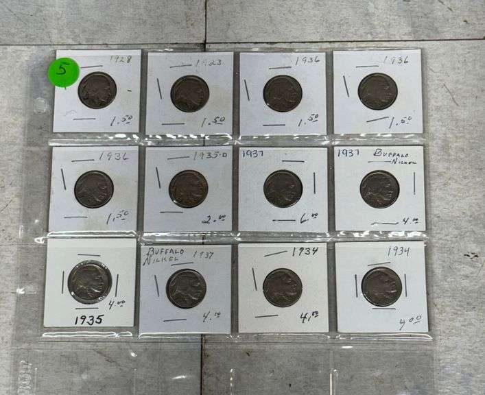 10 Buffalo Nickels (1923, 1928, 1934-1937, and 1935-D) in Individual Sleeves