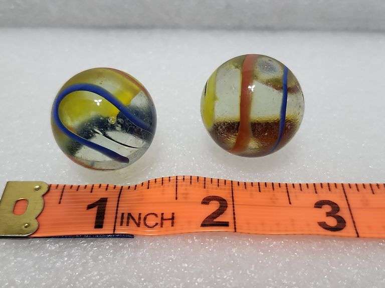 2 Vintage Clear/Blue/Yellow/Red Swirl Shooter Marbles