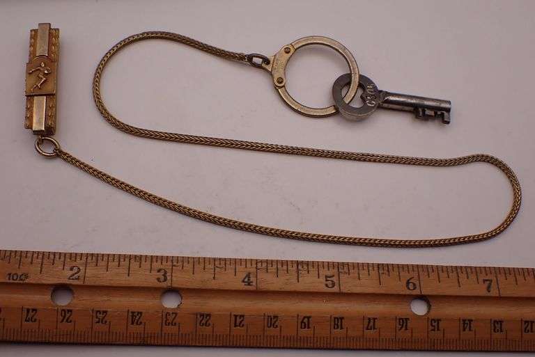 Vtg. Football themed Gold Filled Security Belt Watch FOB Chain