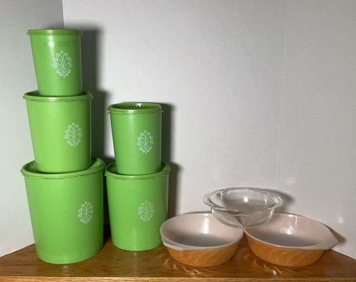 Vintage Tupperware Canister Set, Two Anchor Hocking Fire King Casseroles and One Glass Bowl