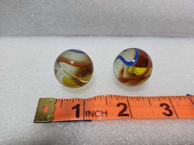 2 Vintage Clear/Blue/Yellow/Red Swirl Shooter Marbles