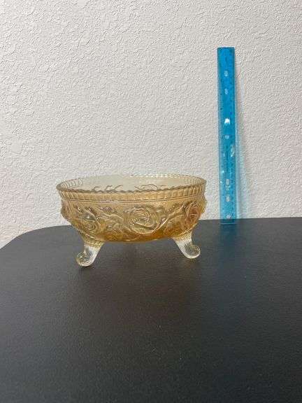 Vintage Imperial Marigold Carnival Glass “Open Rose” 3-Footed Bowl – 7” Diameter