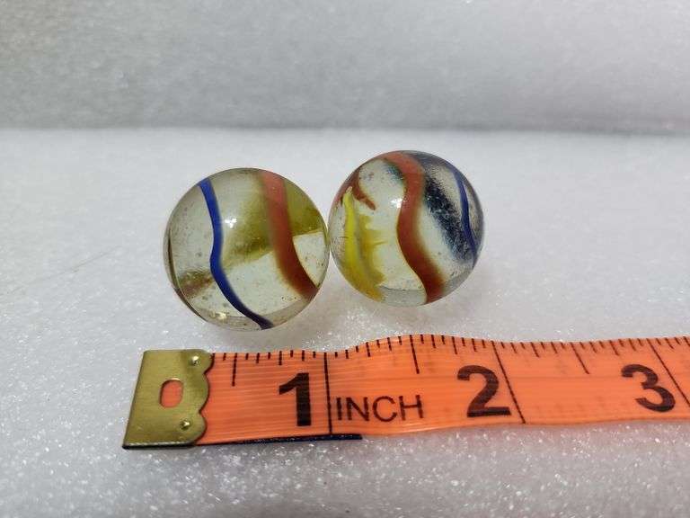 2 Vintage Clear/Blue/Yellow/Red Swirl Shooter Marbles