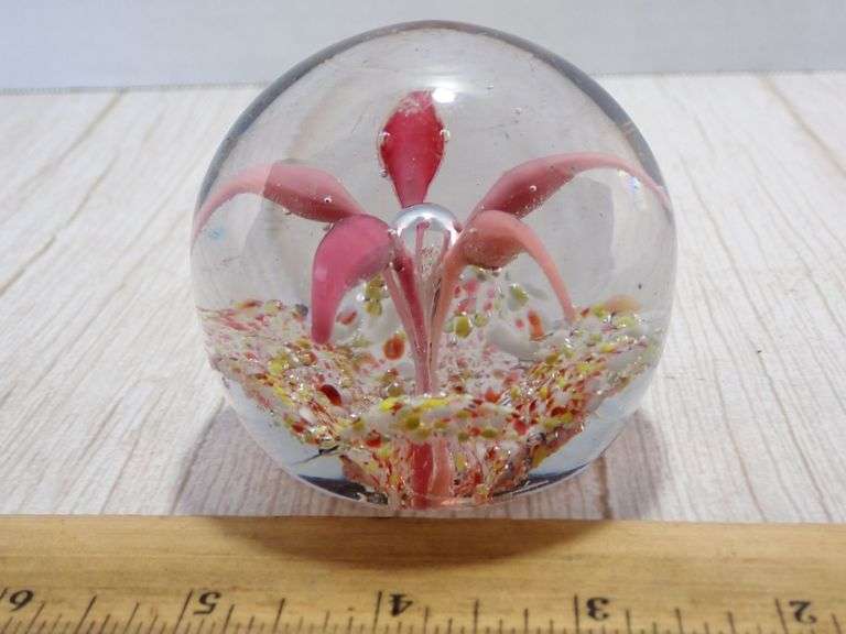 Glass Paperweight with Pink Flower Design and Millefiori Base