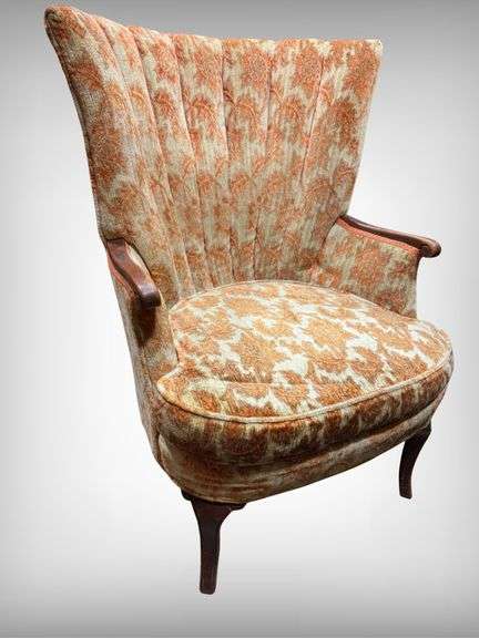 Mid-Century Armchair with Orange Floral Upholstery and Wood Arms