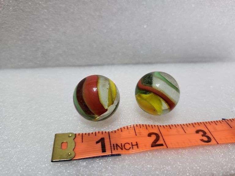 2 Vintage Clear/Green/Yellow/Red Swirl Shooter Marbles