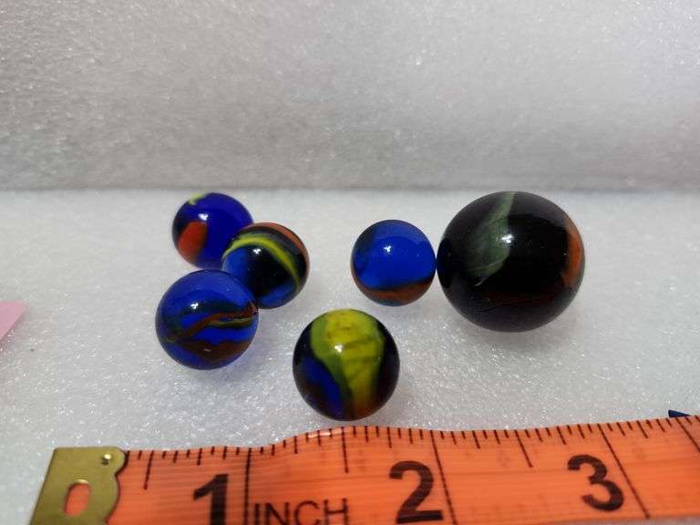 6 Cobalt Blue/Red/Yellow Swirl Marbles 1 Is A Shooter