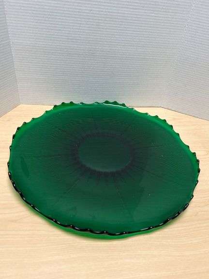 Green Glass Plate with Scalloped Edges, 15 Inches