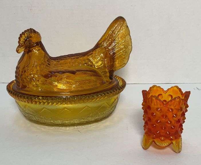 Vintage Golden Amber Nesting Hen and Vintage Fenton Amberlina Hobnail Footed Glass