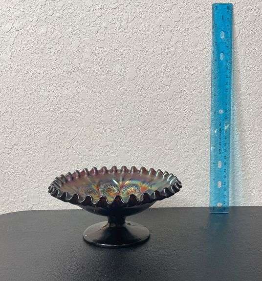 Vintage Fenton Amethyst Carnival Glass Ruffled Compote – 8” Iridescent Dish