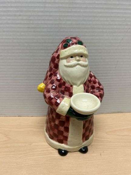 Santa Claus Ceramic Figurine in Red Checkered Pattern With Bowl