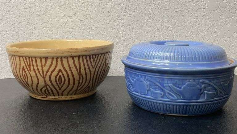 Vintage USA Pottery Lot – Ovenware Mixing Bowl & Blue Covered Casserole