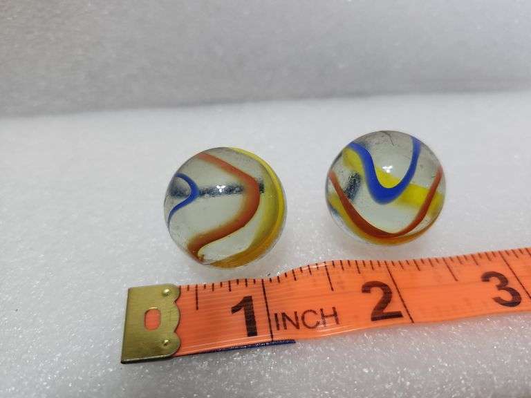 2 Vintage Clear/Blue/Yellow/Red Swirl Shooter Marbles