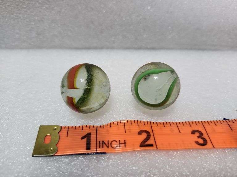 2 Vintage Clear/Green/Yellow/Red Swirl Shooter Marbles