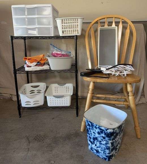Wooden Chair, Black Utility Rack, Extension Cords, Baskets & More