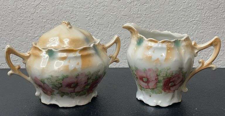 Antique German Porcelain Creamer & Sugar Set – Floral Design