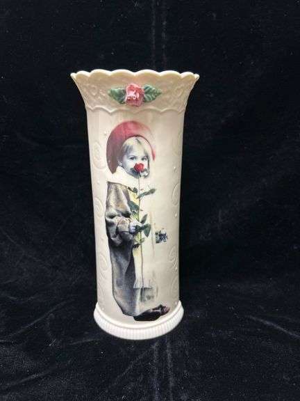 1996 Kim Anderson Enesco Porcelain Vase with Red Rose Design