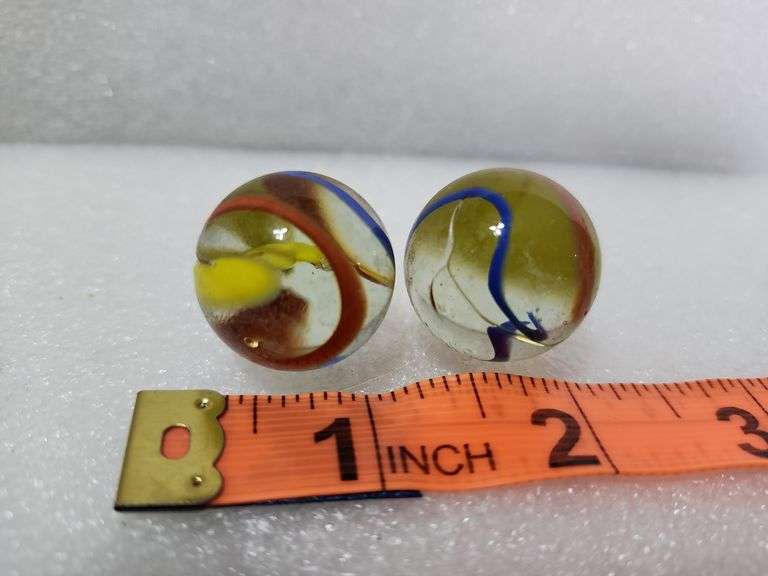 2 Vintage Clear/Green/Yellow/Red Swirl Shooter Marbles