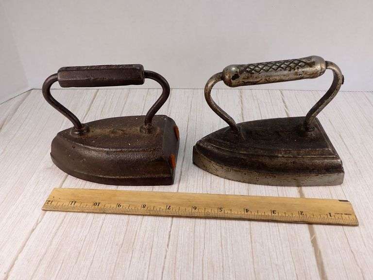 Two Vintage Cast Iron Sad Irons with Handles