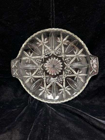 Clear Pressed Glass Dish with Handles and Starburst Pattern