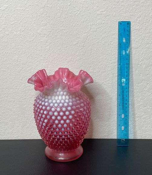 Fenton Pink Opalescent Hobnail Vase – 8” Ruffled Top Vintage Art Glass