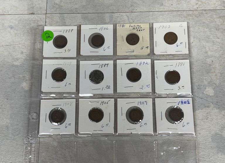12 Indian Head Pennies in Protective Sleeves, Various Dates 1881–1909