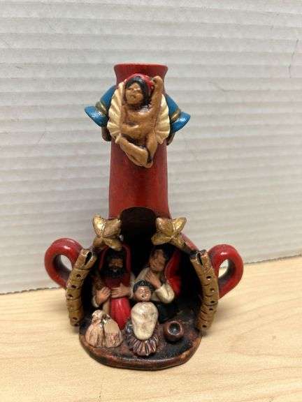 Hand-Painted Red Ceramic Vase With Nativity Scene and Angel Topper, See Photos for Measurements