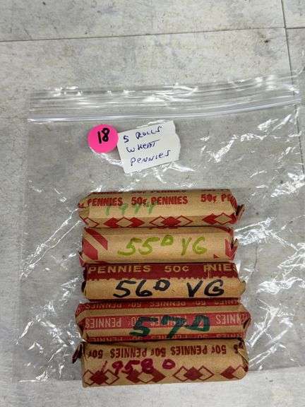 Five Rolls of Wheat Pennies