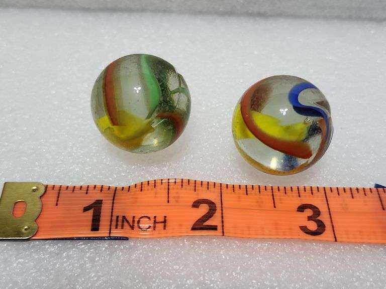 2 Vintage Clear/Green/Yellow/Red Swirl Shooter Marbles