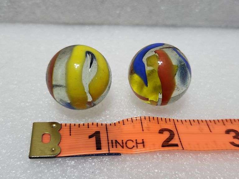 2 Vintage Clear/Blue/Yellow/Red Swirl Shooter Marbles