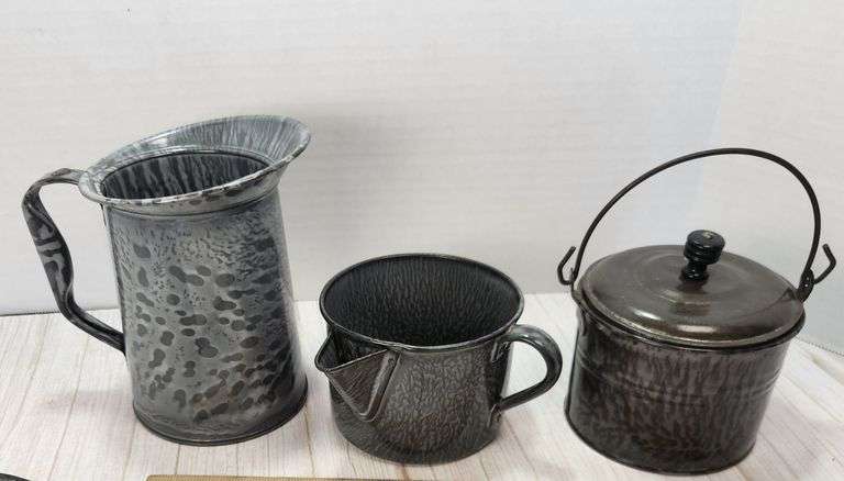 Granite Enamelware Pitcher, Mug, and Covered Pail
