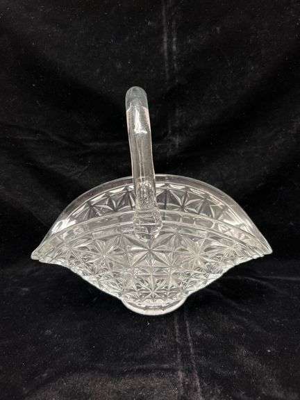 Clear Pressed Glass Basket with Starburst Pattern, 7-Inch Height