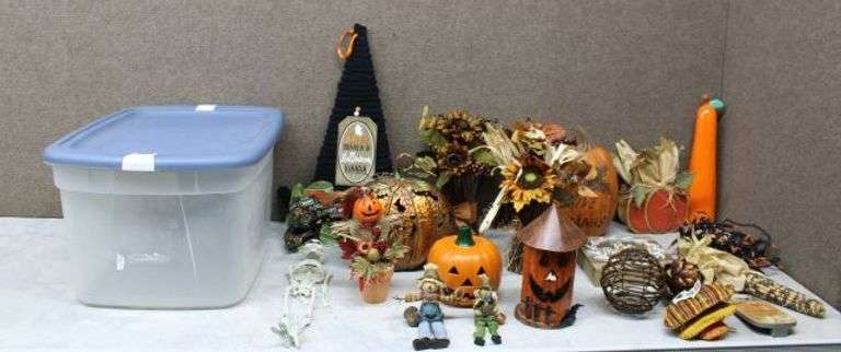 Seasonal Decorative Lot with Storage Bin and Fall-Themed Items