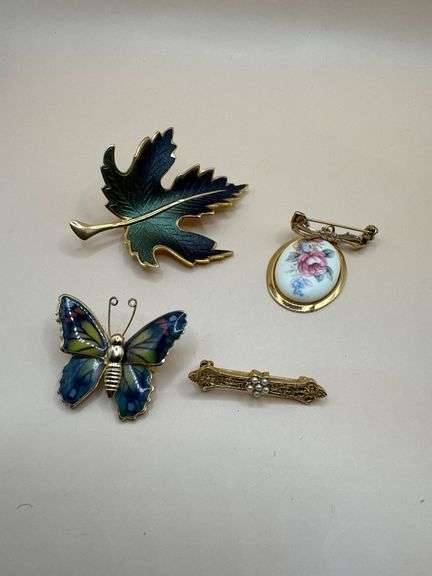 Vintage Enamel Brooch Lot – Leaf, Butterfly, Floral Cameo & Bar Pin (4 Total)