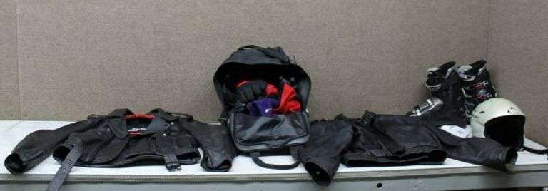 Motorcycle and Ski Gear Including Leather Jackets, Boots, Helmet, and Backpack