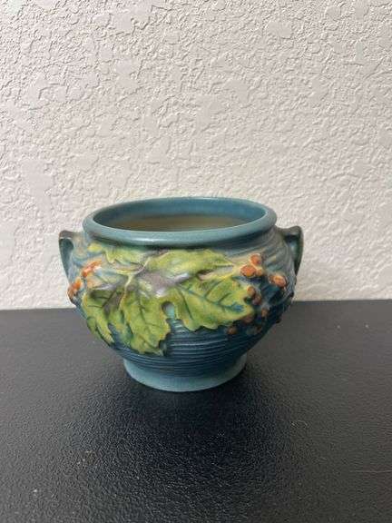Roseville Pottery Bushberry Vase #357-3 – Blue Glaze Miniature Art Pottery – 3”
