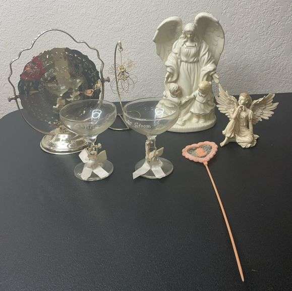 Vintage Religious & Decorative Figurine Lot with Silverplate Basket & Glass Compotes