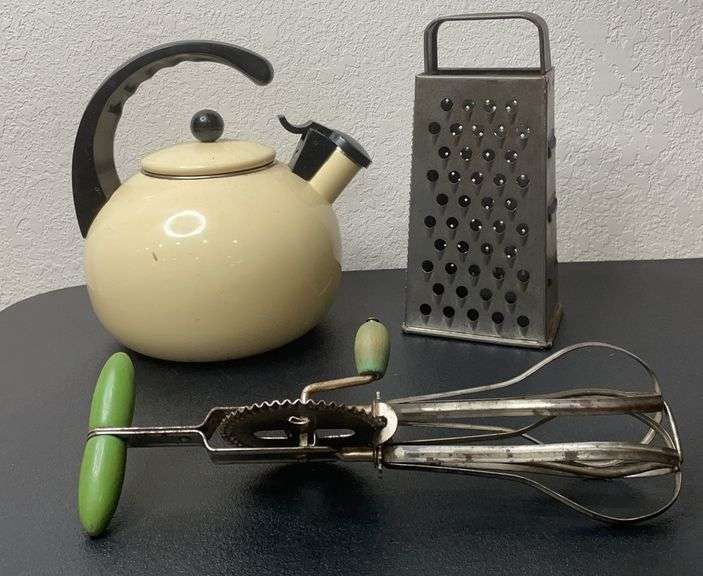Vintage Kitchen Utensils & Kettle Lot – Egg Beater, Metal Grater, Enamel Whistling Kettle