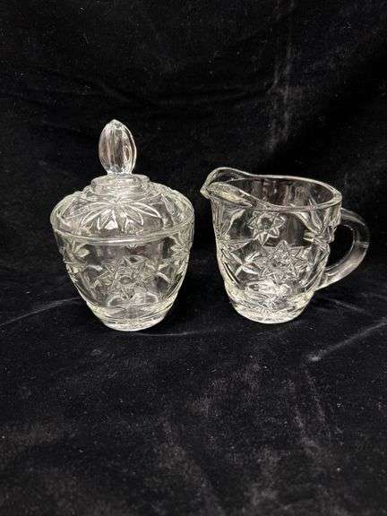 Pressed Glass Cream and Sugar Set with Lid, Floral Design