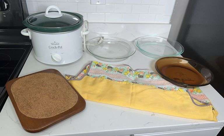 Rival Crockpot, Trivet, Vintage Apron & Three Pie Plates, Pyrex & Anchor Hocking