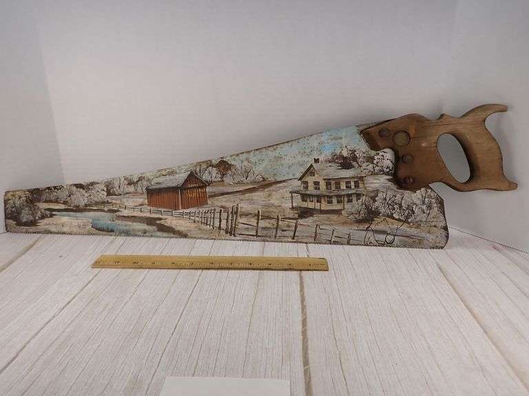 Hand-Painted Signed Crosscut Saw with Winter Scene