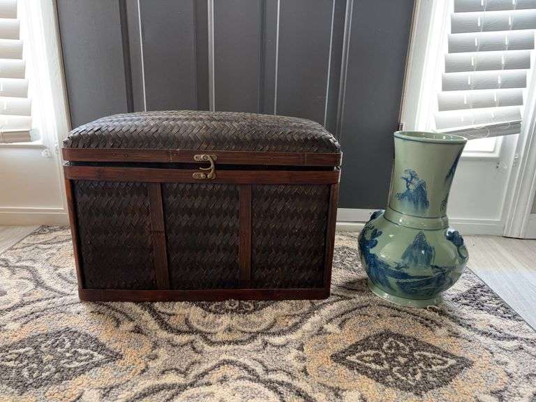 Vintage woven rattan & wood storage chest/trunk & Chinese Celadon-glazed Chinoiserie vase