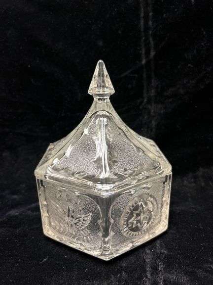 Vintage Hexagonal Glass Dish with Lid and Etched Designs