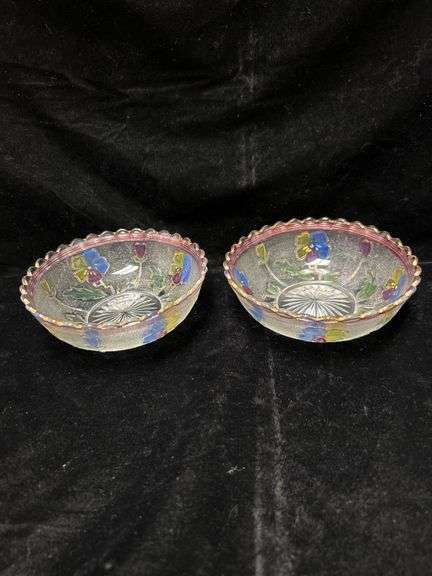 Painted Glass Bowls with Floral Design and Scalloped Edges