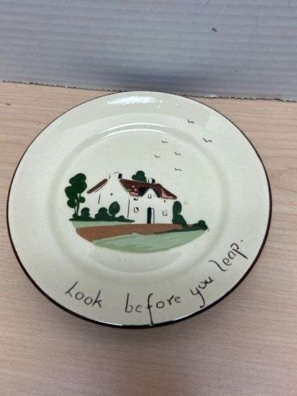 Hand-Painted Ceramic Plate Featuring House Scene and ‘Look Before You Leap’ Motto