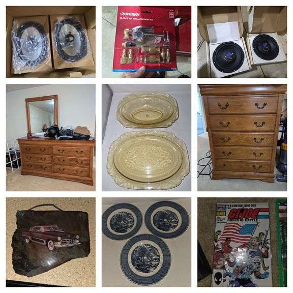 Baseball cards, Tow strap, Bike rack, Pegboard and pegs, tools, large wooden work bench, Pogo stick, Gun and tool rack, Off Road LED lights, furniture dollies, Stereo speakers, Queen mattress, highboy dresser and matching dresser, Mighty mod items, air tool accessory kit