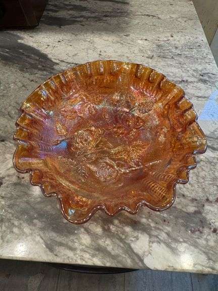 Vintage Imperial Carnival Glass Marigold Open Roses Ruffled Edge Bowl